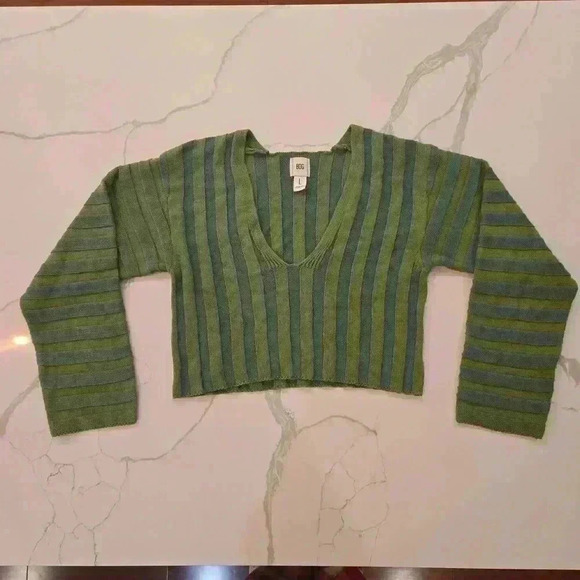 BDG Urban Outfitters V-Neck Striped Ribbed Knit Cropped Sweater Green Size Large - Picture 3 of 8